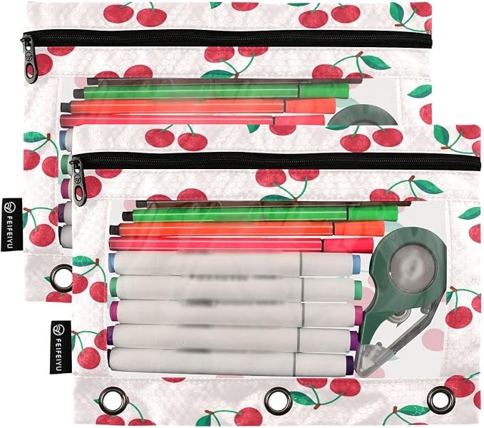 Cherry Pencil Pouch Fits standard 3-ring binders, Zipper Binder Pencil Bag with Clear Window for Office 2 Pack