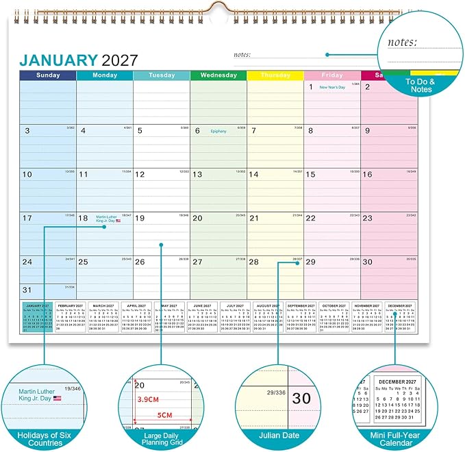 Wall Calendar 2026-2027, 18 Months Academic Calendar, July. 2026 - Dec 2027, 14'' × 11'', Monthly Wall Hanging Calendar with Thick Paper for Office Home (Colorful)