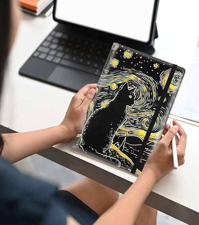 A5 Leather Lined Journal Notebook, 200 Pages Hardcover Executive Notebook for Men Women Office School Note Taking, Thick Writing Paper Daily Journal with Bookmarks/Indexes, Starry Night Cat
