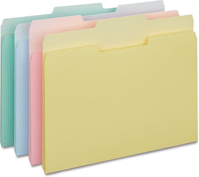 Staples File Folder, Letter Size, 1/3‑Cut Tabs, Assorted Pastel Colors, Durable Paper Stock, 200/Carton
