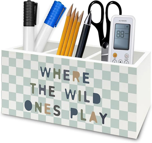 Kids Playroom Boho Pen Pencil Holder Organizer for Desk, Boy Girl Nursery Checkered Wooden Box Signs Decorations for Kids Room Playroom Classroom Desk Tabletop, Boys Girls Room Decor