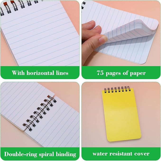 12 Pack mini Spiral Steno Pads,3x5 Inch Small Pocket Notebooks,75 Sheets/150 Pages College Ruled Lined Note Pads For Kids Adults Outdoor,Home,School,Office (Yellow)