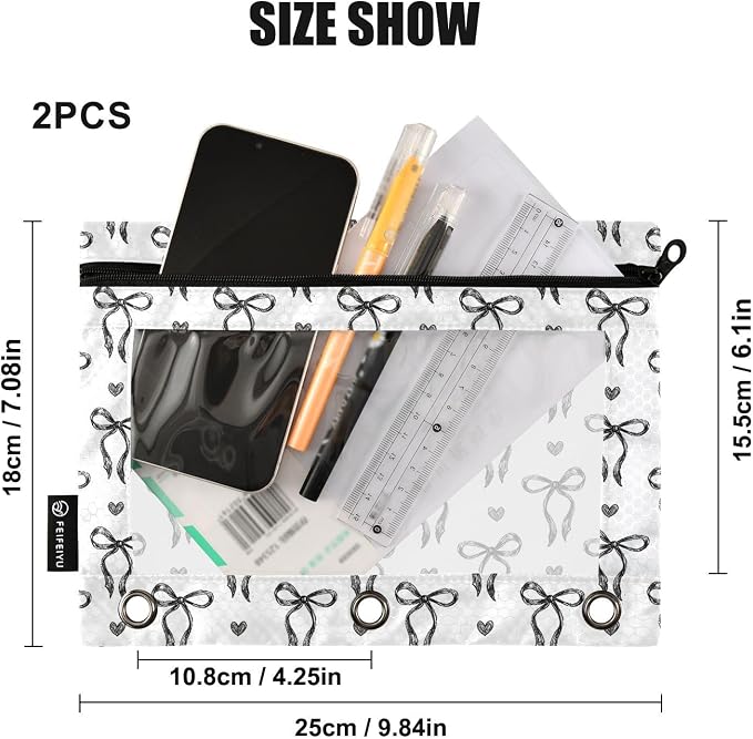 Gredecor 3 Ring Binder Pencil Pouch, Sketched Ink Bows Hearts Zippered Pen Case Pouches with Clear Window, 2 Pack Stylish Office & School Supplie