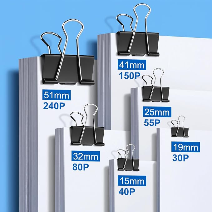 228 PCS Binder Clips Assorted Sizes, Extra Large Medium Small Mini and Micro, Metal Paper Binder Clip Black,Paper Clamps, 6 Sizes for Office Supplies, School and Home