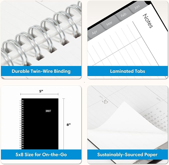 Blue Sky 2027 Weekly & Monthly Planner Notes, 5.875"x8.625", Enterprise | January 2027 - December 2027, Flexible Cover, Wirebound, 30 Extra Notes Sheets, Laminated Tabs