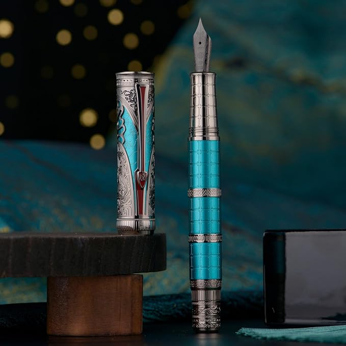 Hongdian D5X Fountain Pen Turquoise Extra Fine Nib, Qin Dynasty Retro Chinese Totem Engraving Smooth Writing Pen with Converter and Pen Box Set