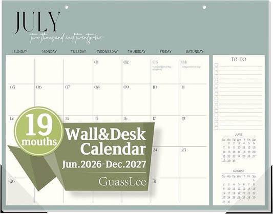 Guasslee Desk Calendar 2026-2027(Jun. 2026 - Dec. 2027), 19-Month School Year Compact Desktop & Wall Calendar, 14" x 11" Thick Paper Monthly Planner for Small Space, Home Office, Dorm & School