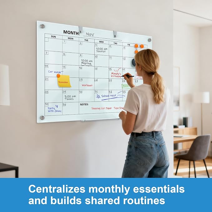 Glass Dry Erase Calendar for Wall, 36 x 24 Inches Magnetic Glass Calendar Whiteboard, 3' x 2' Frameless Monthly Planner Board for Office, Home, School