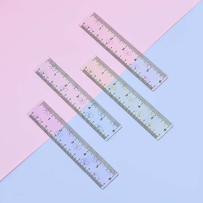 BAYTORY 4Pcs Transparent Acrylic Small Ruler 6 Inch, Straight Mini Rulers | Shatterproof Student Stationery Centimeters with Inches, for Classroom Essentials School Supplies (Bowknot 6 Inch)