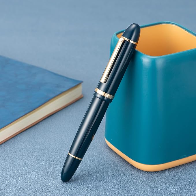 Jinhao X159 Dark Blue Acrylic Fountain Pen, Size 8 Fine Nib Gold Trim Classic Design Smooth Writing Pen with Converter
