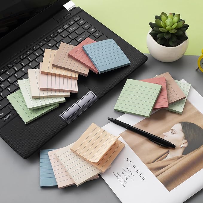 (16 Pack) Lined Sticky Notes 3x3 in Ruled Stickies Super Sticking Power Memo Pads Vintage Colors, Post on Windows Doors,Recyclable,Easy to Write on