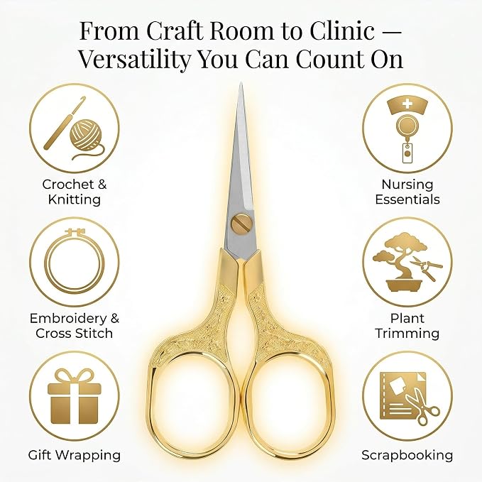 Small Gold Scissors, 5 Inch Vintage Precision Scissors, Ultra Sharp Blade Shears for Office, Home, School, Sewing, Fabric Craft, Hair Trimming, Facial & Beard Grooming