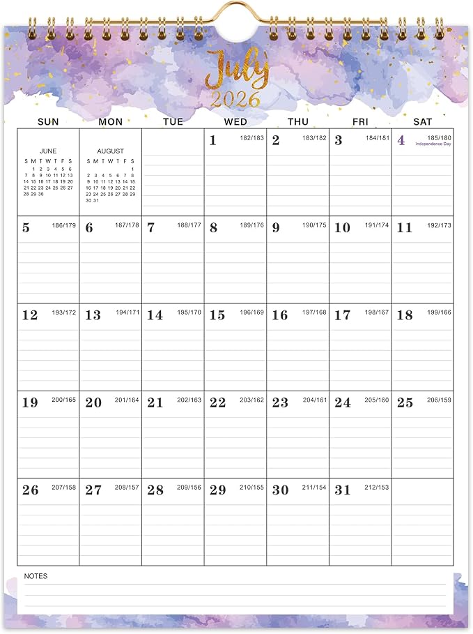 Calendar 2026-2027 - Wall Calendar 2026-2027, 8.5" x 11", Jul 2026 - Dec 2027, 18 Months Calendar Wall with Hanging Hook, Holidays and Julian Dates - Colorful Waterink
