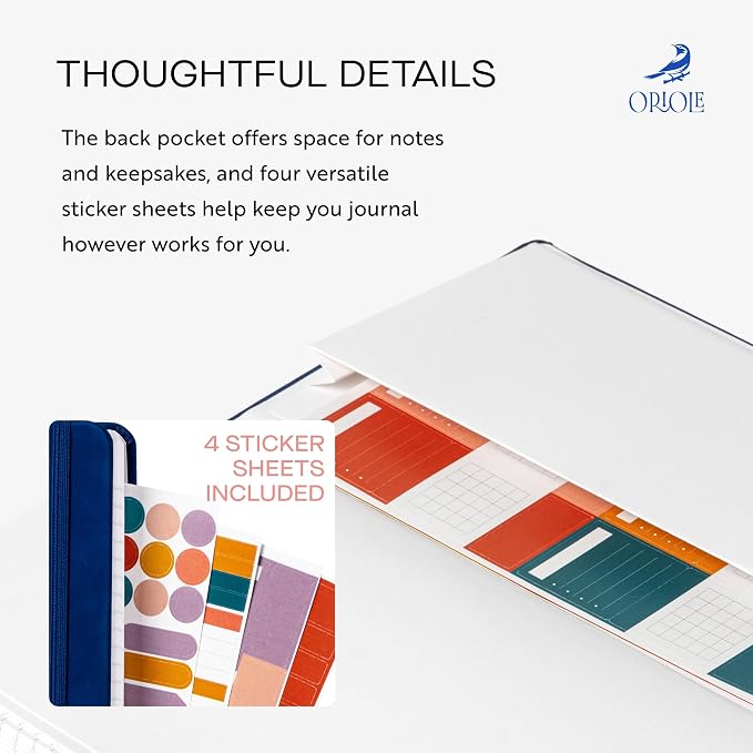 Oriole Vegan Leather Ruled Notebook - Deep Blue | 176 Pages of Thick Lined Paper | Soft Touch Hardcover Journal (5 x 8 in) with Gold Foil Bird Design & Luxury Gift Box