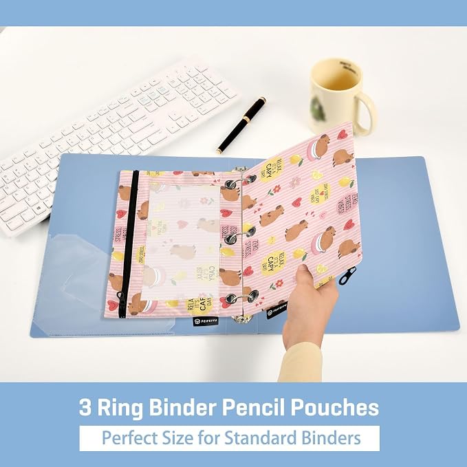 Emelivor Cute Capybara Stirpe Pencil Pouch for 3 Ring Binder 2 Pcs Binder Pouches with Zipper Pocket Pencil Case Bag with Clear Window for Office Work College Home Supplies