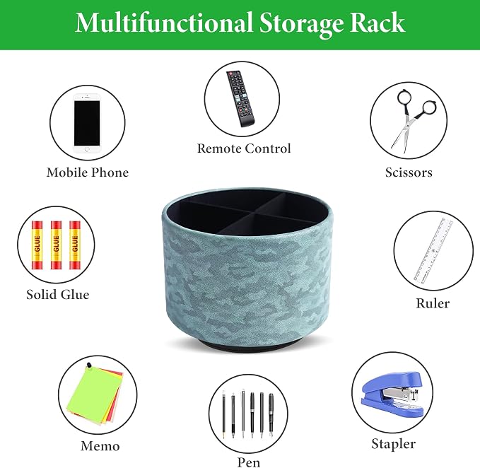 Round Leather Art Supply Organizer,Remote Control Holder,360 Degree Rotating,Multi-Functional Pencil Holder,4 Compartments Desktop Stationary Organizer(1-Camouflage Green)