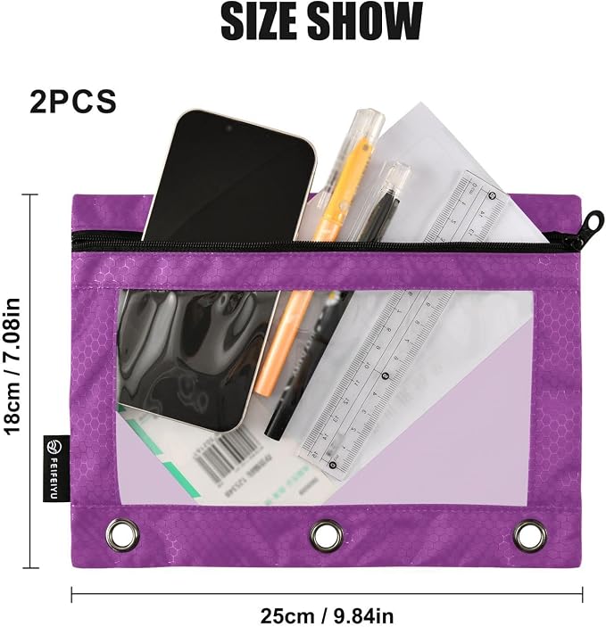 Gredecor Binder Pencil Pouch 3 Ring Purple Zipper Pencil Pouches Case 2 Pack Clear Binder Organizer for School Office