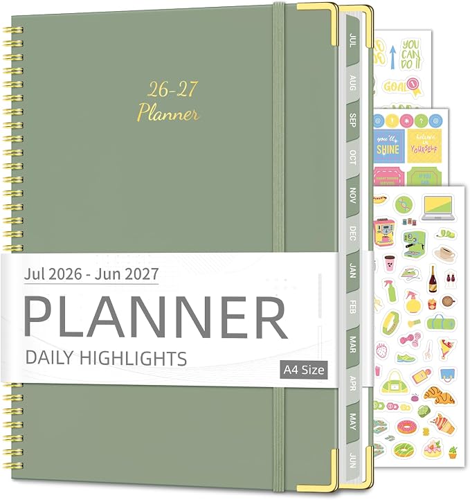 Academic Planner 2026-2027, 8.5" x 11", Hardcover Weekly Planner, Green | Calendar Planner July 2026 - June 2027, Agenda Book with Tabs, Inner Pocket and Sticker for Office & School, A4