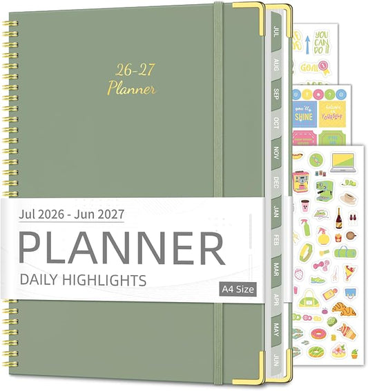 Academic Planner 2026-2027, 8.5" x 11", Hardcover Weekly Planner, Green | Calendar Planner July 2026 - June 2027, Agenda Book with Tabs, Inner Pocket and Sticker for Office & School, A4