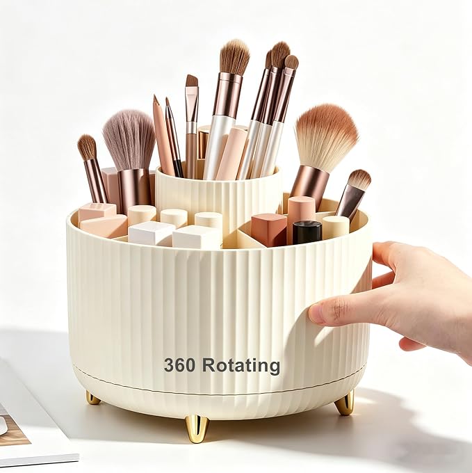 360 Degree Rotating Makeup Brush Holder Organizer Detachable Design 5 Slot Make up Brushes Cup for Cosmetics and Pencil Pen Organizer for Desk Makeup Organizer Skincare Storage for Vanity（Cream）