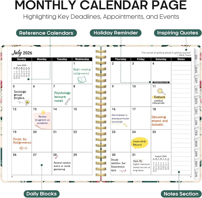 Planner 2026-2027, Academic Year Monthly and Weekly Calendar Planner, Jul 2026 - Jun 2027, Hardcover Teacher Student Planning Agenda book with Tabs, Perfect for School Office Supplies, 6.3" x 8.5" - Blush Peony
