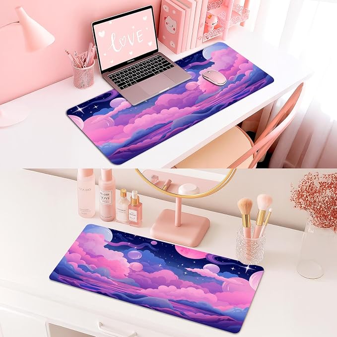 Britimes Pink Blue Planet and Clouds Desk Mat Cute Colorful Sky Deak Pad Non-Slip PU Leather Large Keyboard Mouse Pad Office Desktop Accessories for Office,Work,Home Decor(31.5"X15.7")