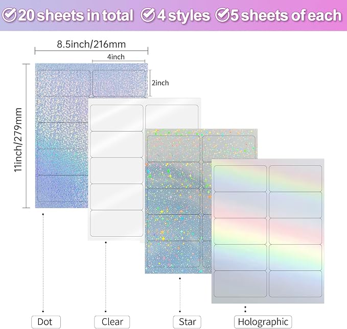 STARLIBOO Holographic Stickers Labels - 2" x 4" Address Labels Mailing Stickers for Laser/Inkjet Printer 8.5"×11"-Star, Rainbow, Transparent, Dots- 20 Sheets