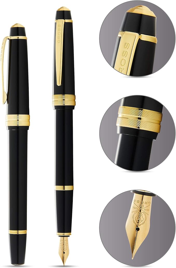 Cross Bailey Light Polished Black Resin and Gold Tone Fine Nib Fountain Pen - Professional Pen for Effortless Writing - Journaling, Note-Taking & More - Black Ink - Easy Handling