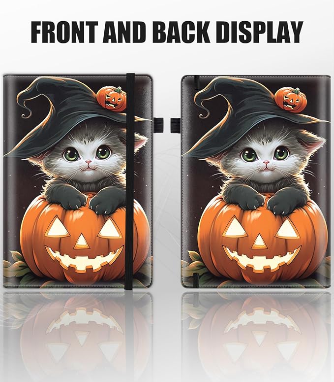 Hardcover Executive Notebooks, A5 PU Leather Lined Journal Notebook, 200 Pages Thick Paper Subject Notebooks for School,Work,Home Writing Business Notebook, Diary Book ， Halloween Cat Pumpkin