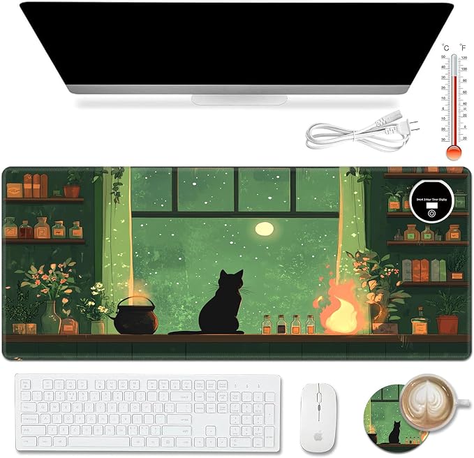 Warm Desk Pad,Heated Desk Pad,Office Mat,3 Heating Levels & 3 Hours Auto Shut-Off,31.5"*13" Gaming Mouse Laptop Keyboard Leather Desk Mat,Cat Green Window