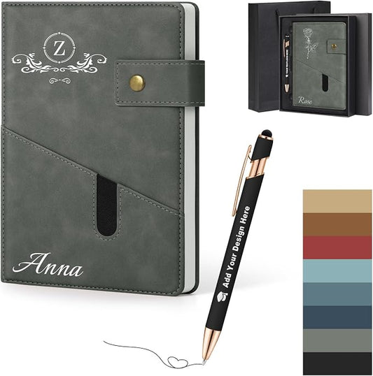 ENOMY Personalized A5 Journal Gift Set with Custom Pen PU Leather Notebook Box, Grey