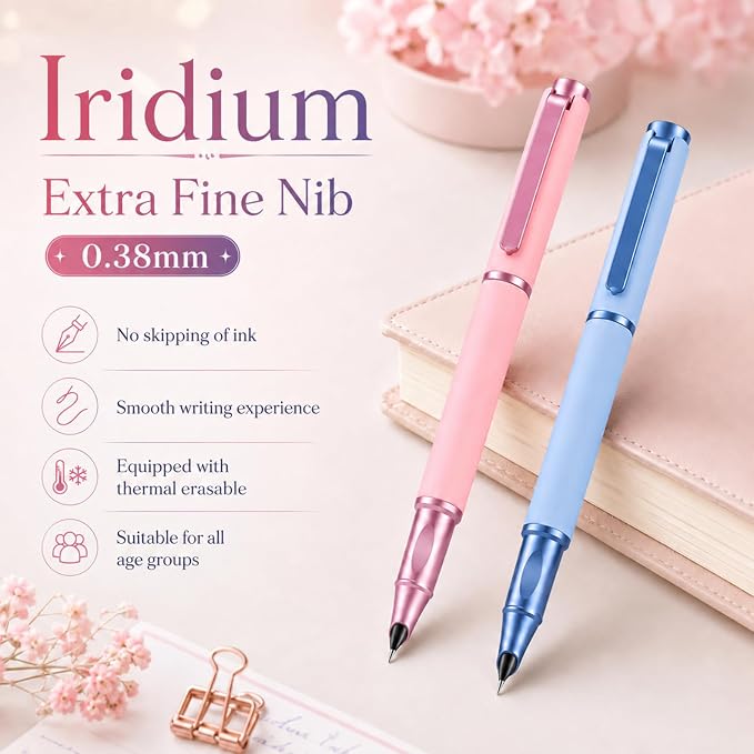 Thermal Erasable Fountain Pen,0.38mm Fine Nib,Suitable for Office Use,Note-taking,Journaling,and Drawing (Pink)