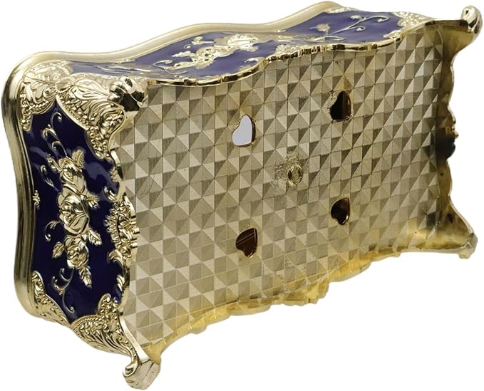 Luxurious Rose Tissue Box with Imitation Diamonds,Gold Blue | Embossed Flowers，9.45"x5.43"x3.94"，Elegant Tissue Paper Holders，for Home Toilet Bath Hotel