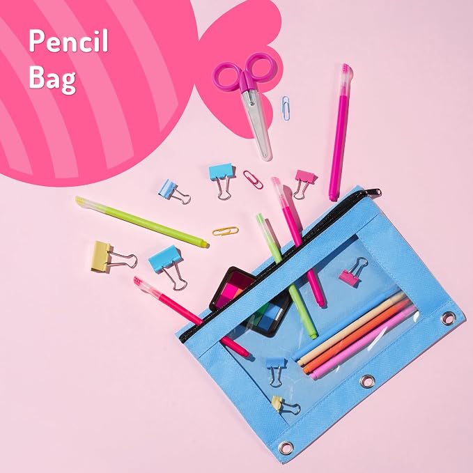 Forvencer Zippered Pencil Pouches, Premium Heavy-Duty Zippers, Aesthetic 3 Ring Pencil Case, Candy Colors, Cute Clear Top Binder Pouch, Colorful Zipper Pencil Bag for Girls Boys Adults, Fuchsia