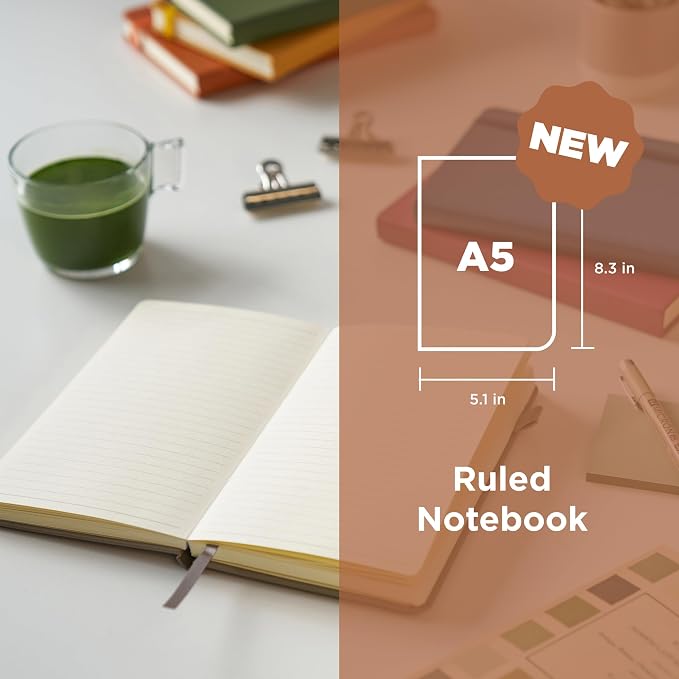 Sakura Notebook Ruled A5 - Japanese-Inspired Lined Notebook for Effortless Writing - 140 GSM Paper - Hardcover - Built-in Pen Holder - Expandable Inner Pocket - Flat-Lay - 5.1 x 8.3" - Black