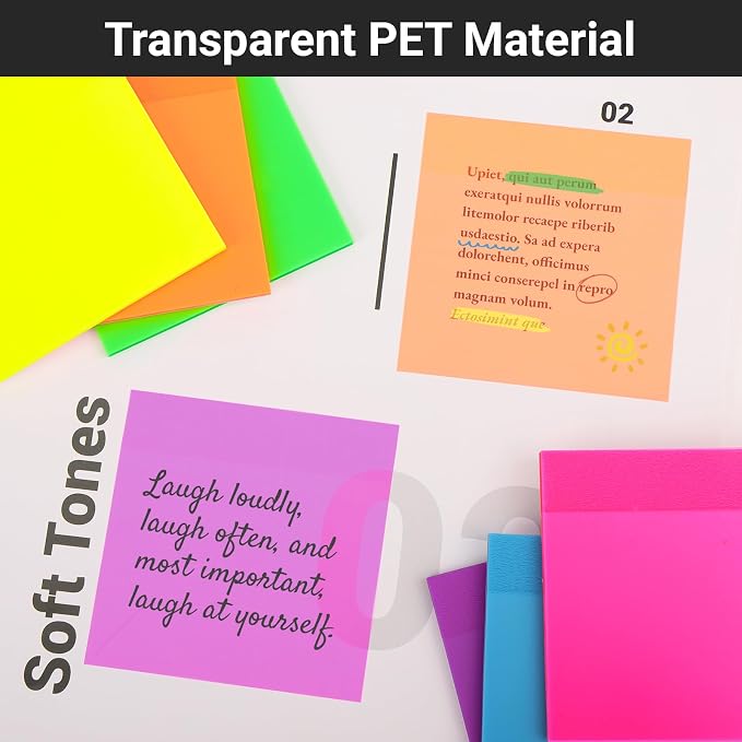 EUSOAR Transparent Sticky Notes, 300 Sheets 3x3 Inch Neon 6 Colors Planner Reminders Bible Sticky Notes Clear, Translucent Book Annotation Page Flags Stickers Nursing Note Pads for Home Work