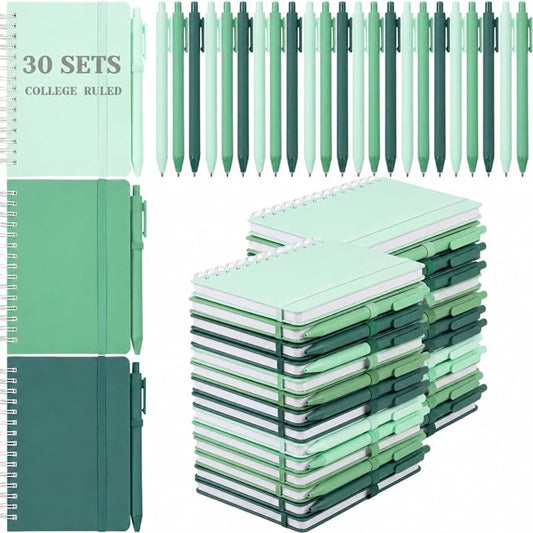 Fulmoon 30 Set Small Spiral Notebooks A6 with Pens Bulk, Multicolor 4" x 6" Pocket Notebooks Mini Lined Journals 50 Sheets for Back to School Supplies Students Gifts Rewards Office (Forest Greens)