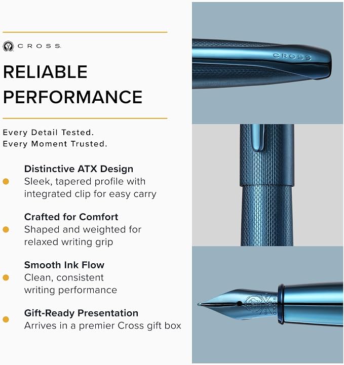 Cross ATX Sandblasted Dark Blue Stainless Steel Fine Nib Fountain Pen - Refillable Pen for Smooth Writing - Black Ink - Comfortable Grip - Long-Lasting - Professional Office Supplies