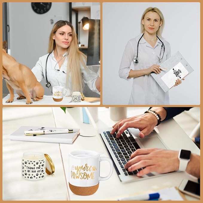Sayglossy 4 Pcs Veterinary Gift Set Thank You Gift for Vet Tech Veterinary Assistant Animal Lover Pet Groomers Dog Sitter Trainer Paw Print Notebook Coffee Mug Scented Candle Pen for Vet Tech Week