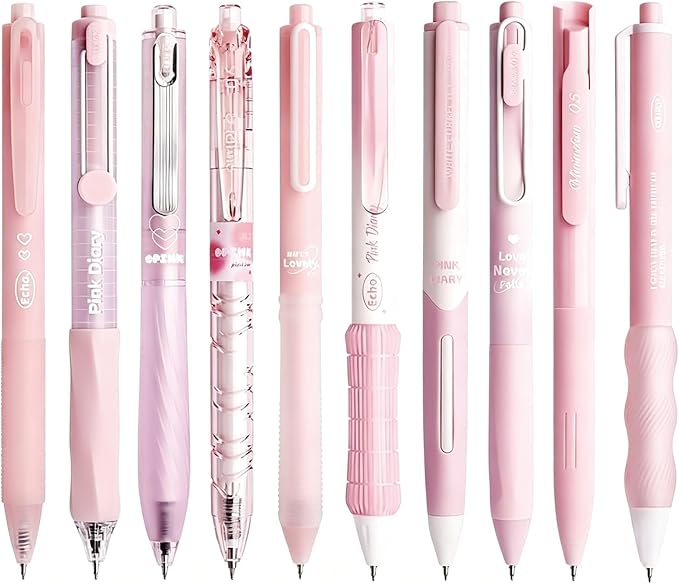 10Pcs Cute Pink Retractable Gel Pens 0.5mm Black Ink Pen for Women Girls