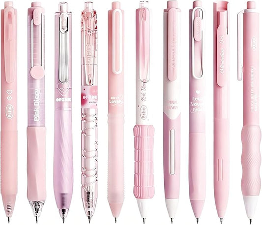 10Pcs Cute Pink Retractable Gel Pens 0.5mm Black Ink Pen for Women Girls