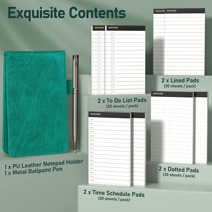 WEMATE 10 Pieces Small Notepad Holder Set Pocket Notebook - Included Mini Pocket Notepad Holder Set with 8 Memo Book Refills and Metal Pen for Meetings, Daily Records, and Notes 3 x 5 Inch (Green) | Pocket Notepad Holder with 8 Memo Book Refills and Me...