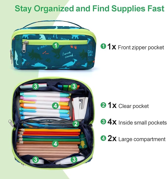 Large Pencil Case for Boys - Aesthetic Pencil Pouch for School | Kids Pencil Case & Wide Handle, Water Resistent Organizer Box, Fits 50 Pens & Markers, Daily Use, Green Dinasour