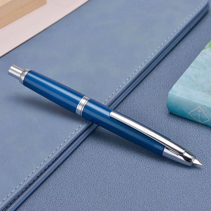 Jinhao 10 Press Fountain Pen with Box, Pearl Blue Retractable Extra Fine Nib with Ink Converter Set (Silver Clip)