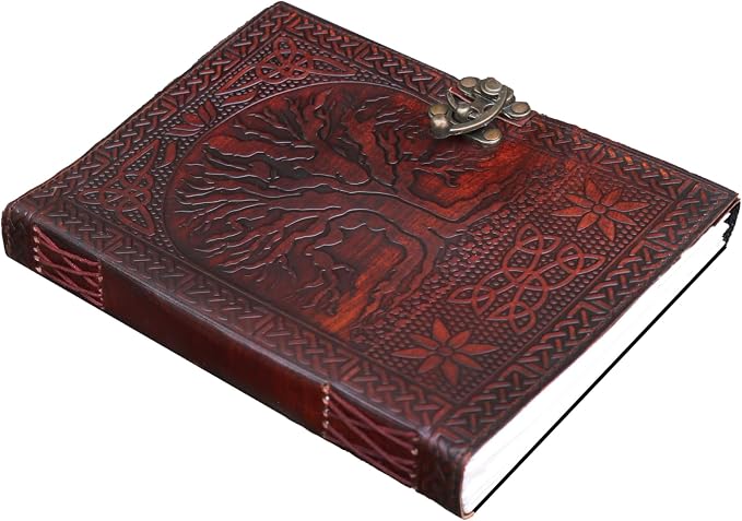 A5 Leather Journal with clasp Tree of life emboss Writing Pad Blank Notebook Handmade Notepad For Men & Women Unlined Paper Best Present Sketchbook Travel Diary To Write Book Of Shadows Refillable