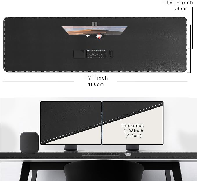 CENNBIE Leather Desk Mat, 71" x 19.6" Large Mouse pad for Desk (Black) | Premium stitched edges resist wear. Easy to clean. Protects desk from spills, stains ,scratches. Smooth glide. Office & home.