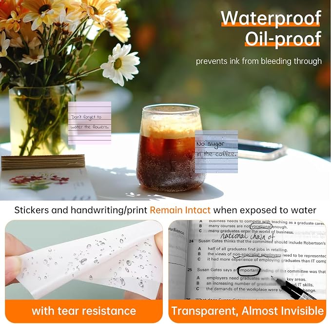 3x3inch Transparent Sticky Notes with Lines, MEIGAONE 7 Pack Lined Sticky Notes Super Strong Adhesion, Waterproof Clear Sticky Note for Study, Book,Office,School Supplies