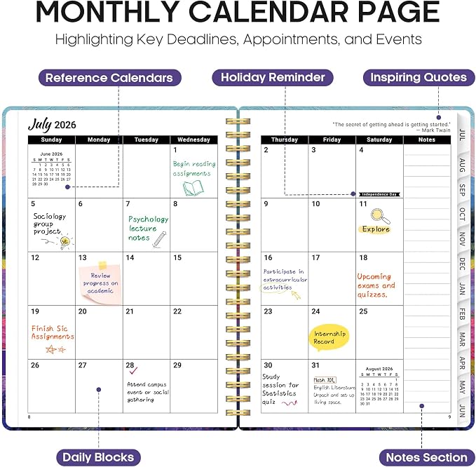 Planner 2026-2027, Academic Year Monthly and Weekly Calendar Planner, Jul 2026 - Jun 2027, Hardcover Teacher Student Planning Agenda book with Tabs, Perfect for School Office Supplies, 6.3" x 8.5" - Sienna Meadows