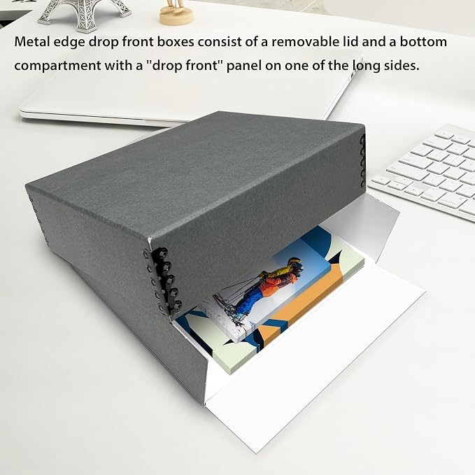 Lineco Drop Front Archival Storage Box, 9.75x12.75x3 in, Gray, 2 Pack | Acid-Free with Metal Edge, Preserves Picture Longevity, Organize Photos, Newspapers, Prints, Documents, Crafts, DIY