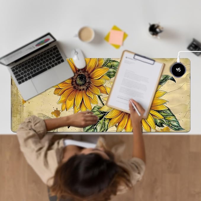 Heated Desk Pad Large Mouse Pad 31.5 x 13 inch with 3 Levels Heating & Auto Shut-Off Warm Mouse pad PU Leather Computer Mousepad for Home Office Work - Cute Bee Sunflower